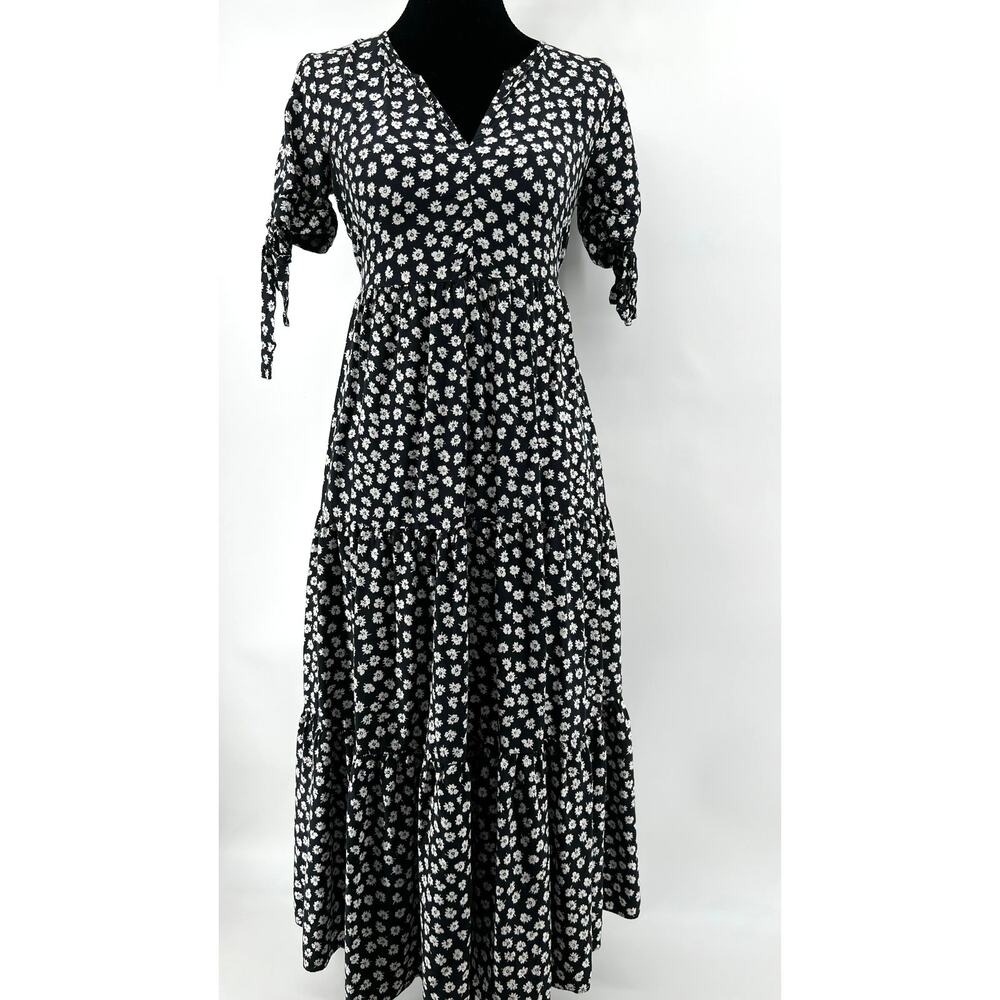 Madewell Floral Short Sleeve Midi Dress Size XXS Black White Tiered Garden Party